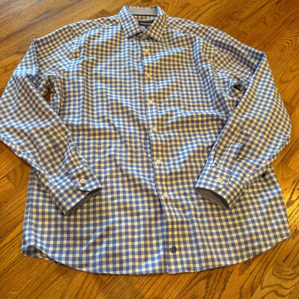 JOHNSTON AND MURPHY MENS BLUE PLAID LONG SLEEVE BUTTON SHIRT XL